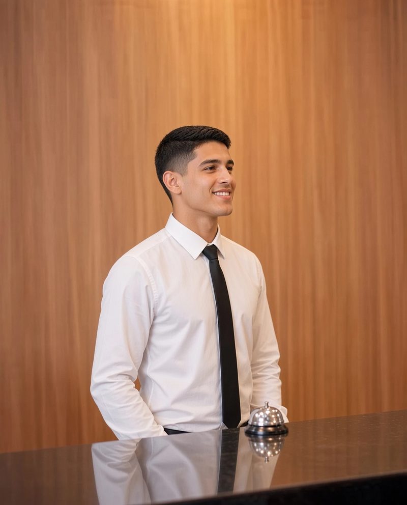 Recepcionista sorrindo no balcão da recepção